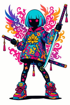 cyberpunk anime girl ninja warrior wearing colorful floral hoodie holding dual katana swords vibrant glowing wings urban streetwear character graphic poster print art design
