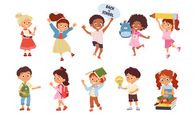 Fototapeta premium Cute back to school children vector character set featuring diverse students with books, backpacks and classroom accessories Perfect for educational materials, posters, stickers, kids' websites design