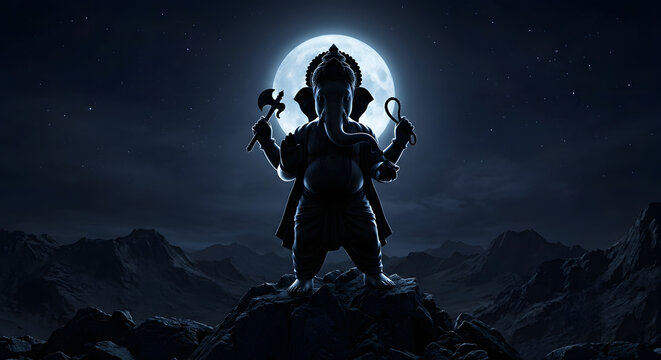 Silhouette of lord ganesha on a mountain peak under the full moon