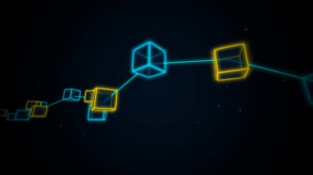 Glowing Blockchain Network: A digital animation featuring luminous, wireframe cubes connected by glowing lines, representing a decentralized data network or blockchain concept against a dark, starry b