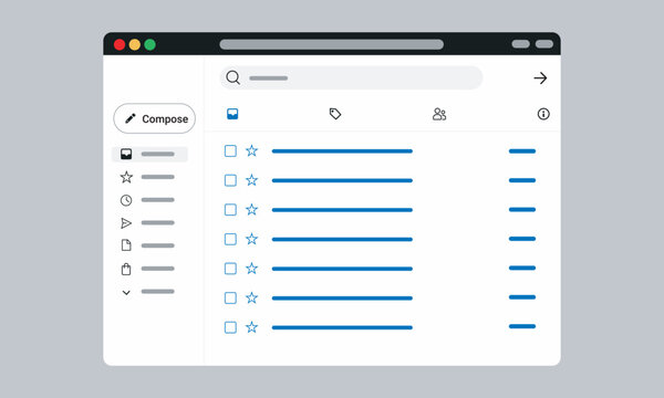 Clean email interface with compose button inbox list and navigation menu sidebar.
