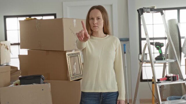 Woman points finger at camera with bare hand amid stacked moving boxes, ladder and drill inside a residential building during moving and unpacking; determination.