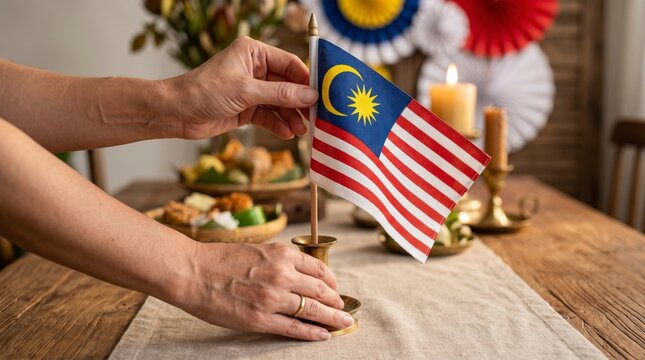 Malaysian Merdeka Independence Day and Malaysia Day Celebration with Jalur Gemilang Flags and Festive Table