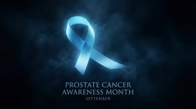 Light blue prostate cancer awareness ribbon glowing on dark background