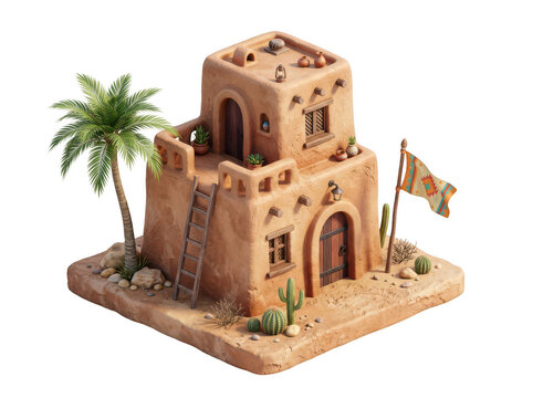 Miniature adobe desert house with palm tree and cactus on isolated white background