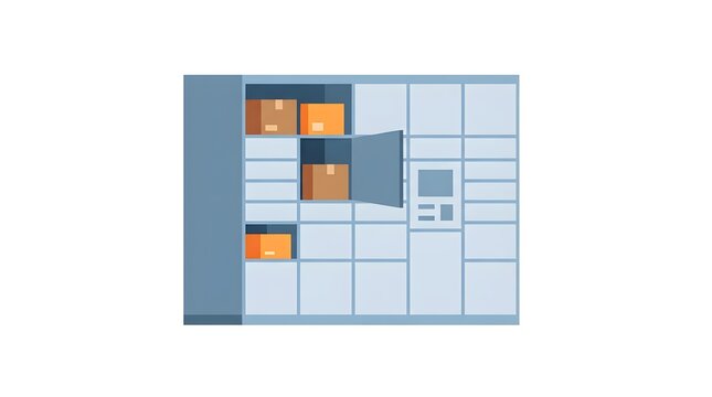 Flat vector illustration of an automated parcel locker containing cardboard packages, representing package storage, pickup services, ecommerce logistics, and automated delivery solutions.
