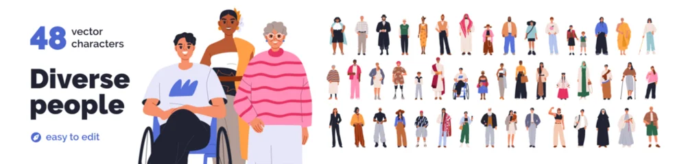 Fototapete Sportgeschäft Different people, diverse men and women characters set. Diverse young and old people, various humans, person in wheelchair. Different male and female characters. Flat vector illustrations isolated.  © Good Studio
