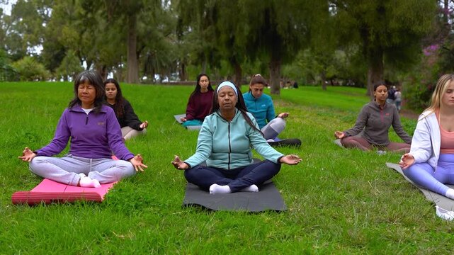 Group of multi generational women doing yoga meditation at city park - Multiracial people, healthy lifestyle and consciousness concept	