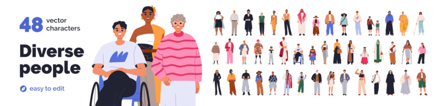 Different people, diverse men and women characters set. Diverse young and old people, various humans, person in wheelchair. Different male and female characters. Flat vector illustrations isolated.