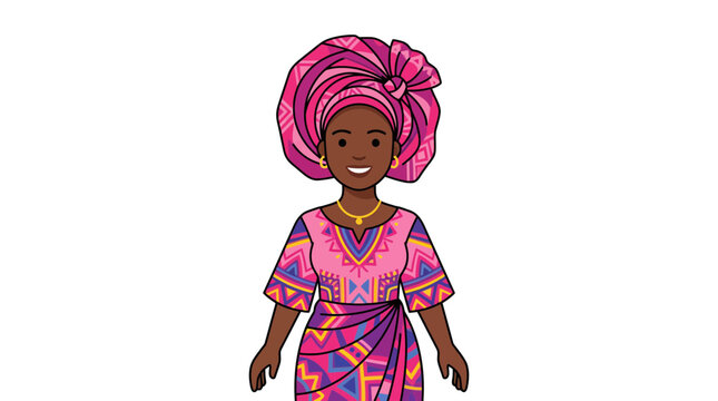 African woman in pink traditional gele and dress.