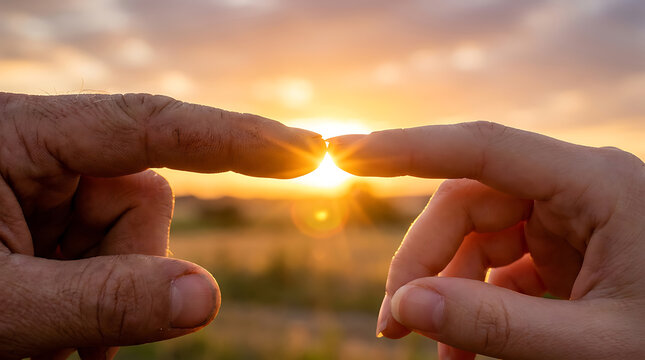 Two Hands Making Heart Shape Against Beautiful Golden Sunset Sky Background For Love Concept