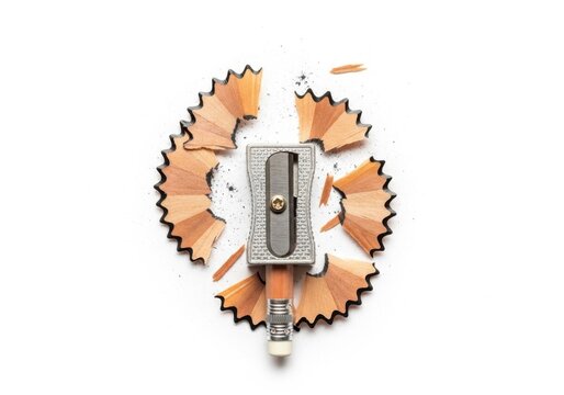 Metal pencil sharpener surrounded by wooden shavings on white surface