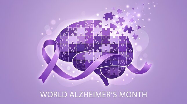 Purple alzheimer&rsquo;s awareness puzzle brain with ribbon illustration