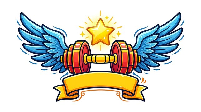 Cartoon dumbbell weight with blue wings and a golden star above a blank yellow ribbon banner for gym fitness logo