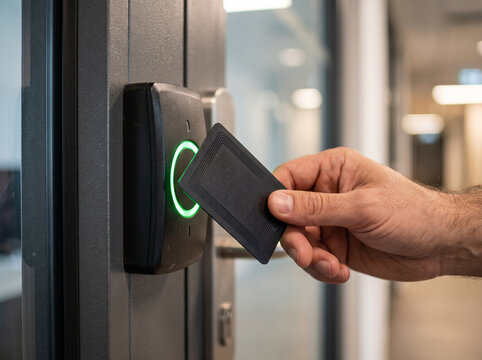 Person Hand Tapping RFID Key Card on Wall Access Control Reader Panel