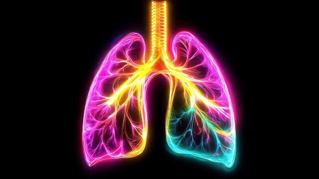 Visual of human lungs illustrated with neon colors in a dark setting showing intricate internal structures and designs