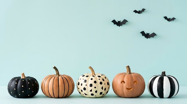 A row of decorative painted pumpkins with black bats flying on a light blue background for halloween celebration