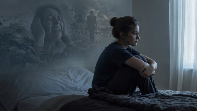 Sad woman sitting on bed suffering from post-traumatic stress disorder. Depressed girl experiencing war flashback and mental trauma. Psychological health, memory and emotional crisis concept.