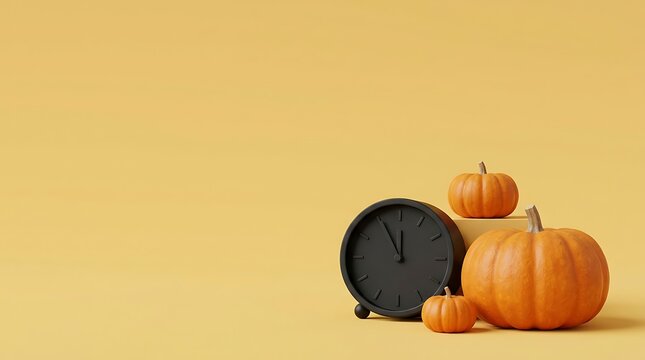 Minimalist autumn background featuring a black alarm clock and small orange pumpkins on a solid yellow surface