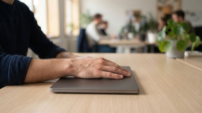 A contemplative moment of professional focus as a person rests their hands on a closed laptop within a bright and collaborative modern office workspace setting