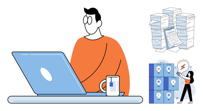 Person working on laptop with document stacks and creative idea generation vector illustration. Business efficiency, task management, corporate workflow, project planning, deadline, innovation