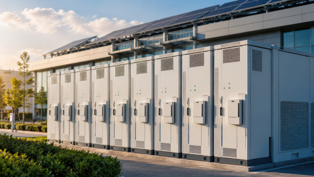 Renewable energy for healthcare facility with solar power battery storage near modern building