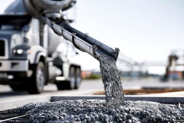 Fototapeta premium Industrial concrete mixer truck pouring fresh wet cement through chute for construction foundation work at an outdoor site on a clear day