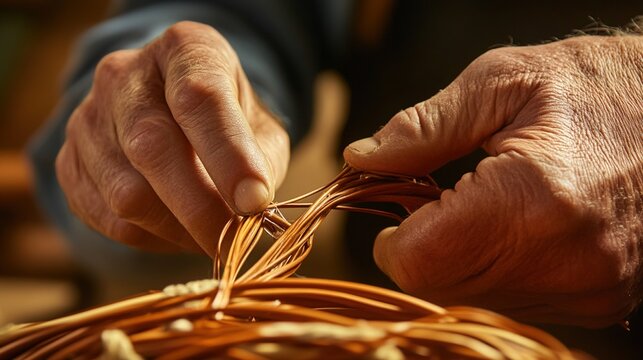 willow. Close-up of flexible willow strands being woven into the start of a basket base. gardening catalogs, home-decor guides, designed for gardening and botanical catalogs.