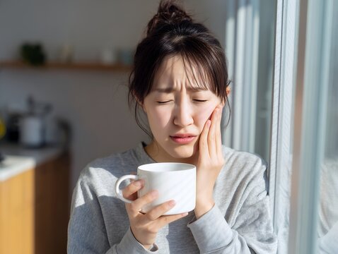 温かい飲み物を飲んで歯がしみる知覚過敏や虫歯の痛みに悩む屋内の若い女性