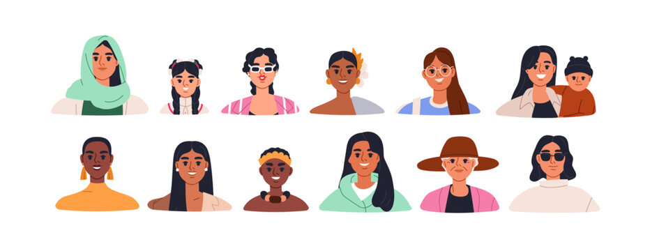Woman avatar, girls face portraits set. Women characters, face avatars. Young and old women, female characters, different head portraits, diverse user profiles. Isolated flat vector illustrations.