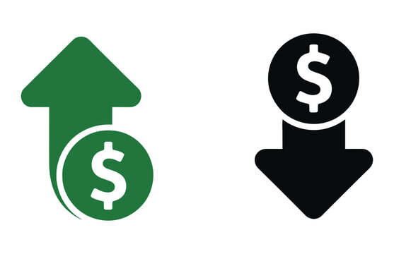 Money increase and decrease icons featuring profit, loss, dollar symbols, rising costs, financial trends, and vector illustration.