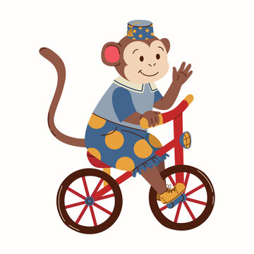 Cute circus monkey riding a bicycle in colorful style. Fun animal character for kids posters, circus banners, invitations, stickers and playful entertainment designs. Flat vector illustration