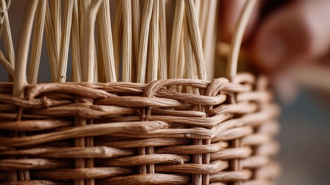 willow. Close-up of flexible willow strands being woven into the start of a basket base. gardening catalogs, home-decor guides, designed for gardening and botanical catalogs.