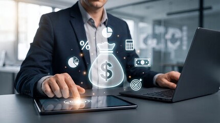 Fototapeta premium Financial Planning Strategy Concept with Glowing Money Bag on Digital Tablet for Wealth Management and Corporate Budgeting