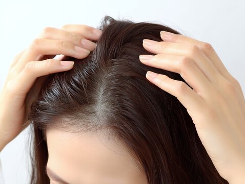自分の指で髪の毛をかき分けて頭皮の状態や髪の根元をチェックする茶髪の女性の頭頂部