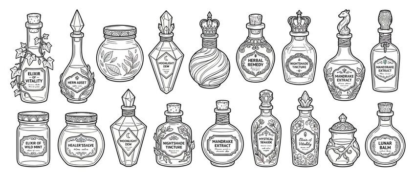 Collection of vintage glass potion bottles and jars