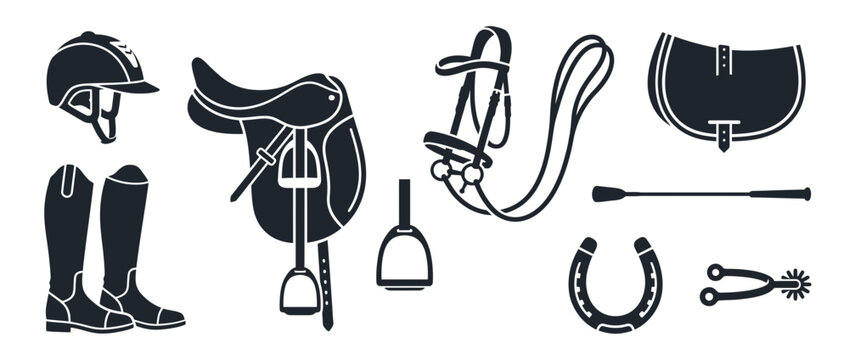 Equestrian Gear Collection Isolated Silhouette Vector
