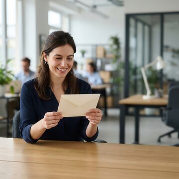 Professional Woman Delighting in Positive News While Holding a Sealed Envelope Within a Bright Contemporary Corporate Office Workspace Setting