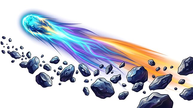 Glowing Comet Meteor Speeding Through Asteroid Field Fire Tail and Space Debris, Symbol of Deep Space Phenomenon Concept