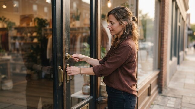 Boutique owner unlocking the glass door of her charming retail shop at sunrise