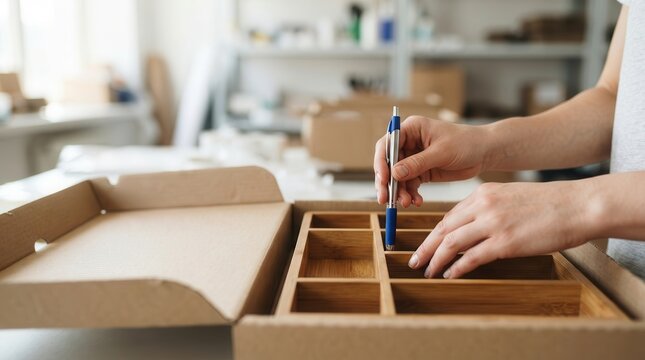 Artisan hands meticulously organizing a wooden compartment tray for efficient shipping and inventory management