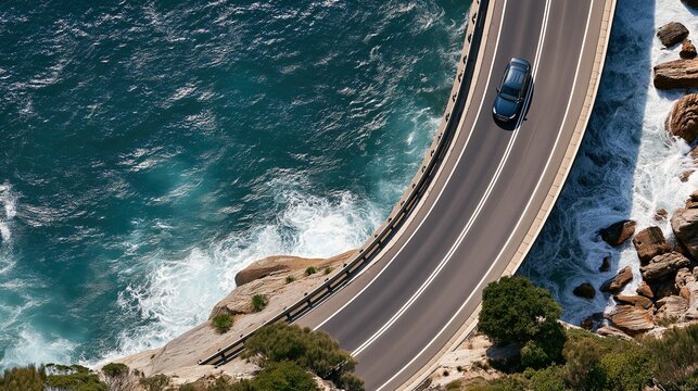 Dark blue car driving along winding cliff side coastal highway beside turquoise ocean with big brown rocks on bright sunny day, ideal for scenic coastal summer travel and adventure