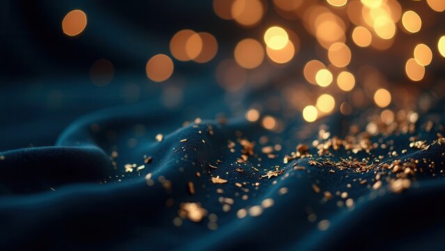 luxurious navy black velvet abstract background with scattered gold leaf flakes and warm bokeh lights for elegant holiday marketing design