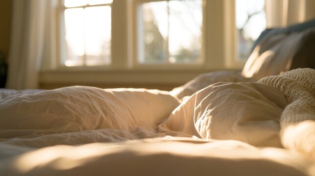 mattress. Cozy bedroom with rumpled bedding, illuminated by gentle morning sunlight streaming through a window. lifestyle magazines.