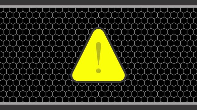 Animated motion graphic of warning stripes moving on a dark hexagonal grid background