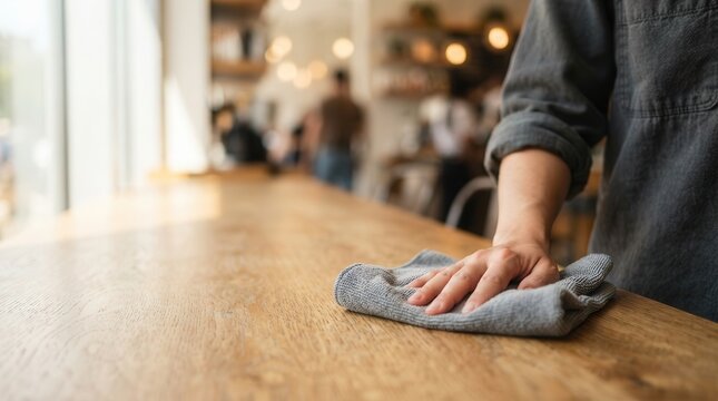 A diligent hand wipes a wooden table with a soft cloth