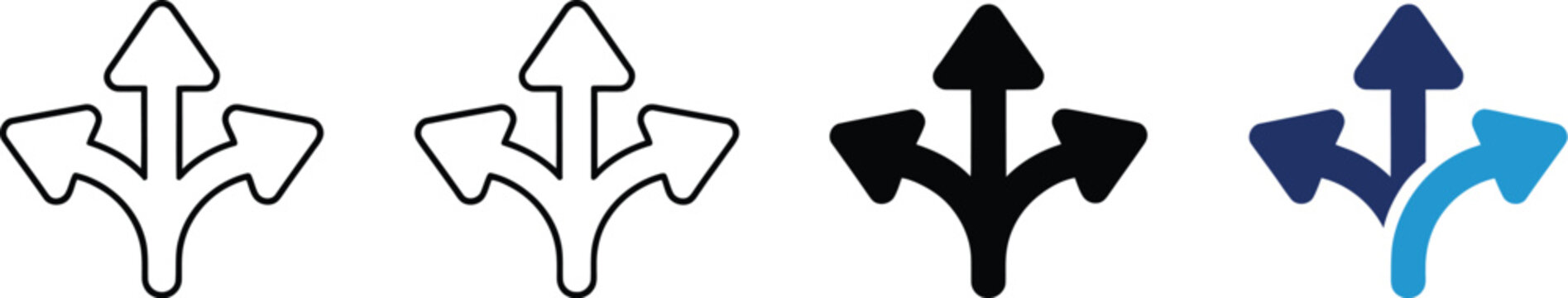 Three-way split arrow icon set. Direction choice, navigation path, and decision fork symbols in outline, black glyph, and blue vector styles isolated on white background.
