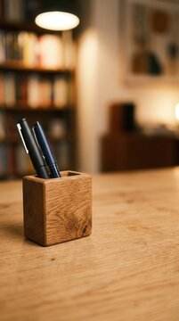 Minimalist Wooden Pen Holder on Oak Desk in Cozy Library Setting for Elegant Workspace Organization and Intellectual Inspiration for Writers and Scholars