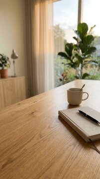 Morning Workspace with Wooden Table Coffee Cup and Notebook for Productive Journaling in a Minimalist Sunlit Home Interior Design Setting