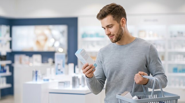 A man stands in a store that sells beauty and personal care products. He holds a shopping basket and looks closely at a product box. The shelves are filled with various items